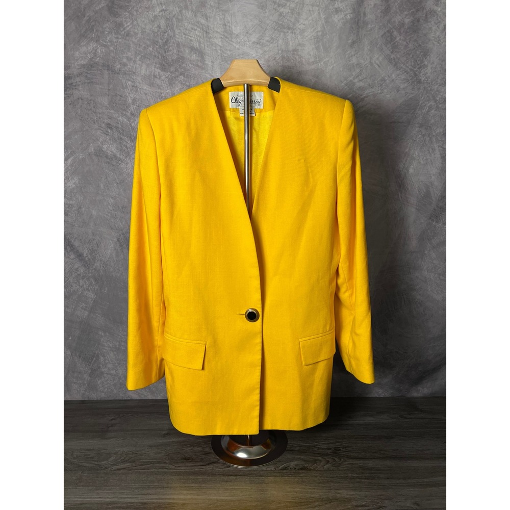 Vintage 80s Oleg Cassini Canary Yellow Blazer Boxy Collarless Jacket Size 10